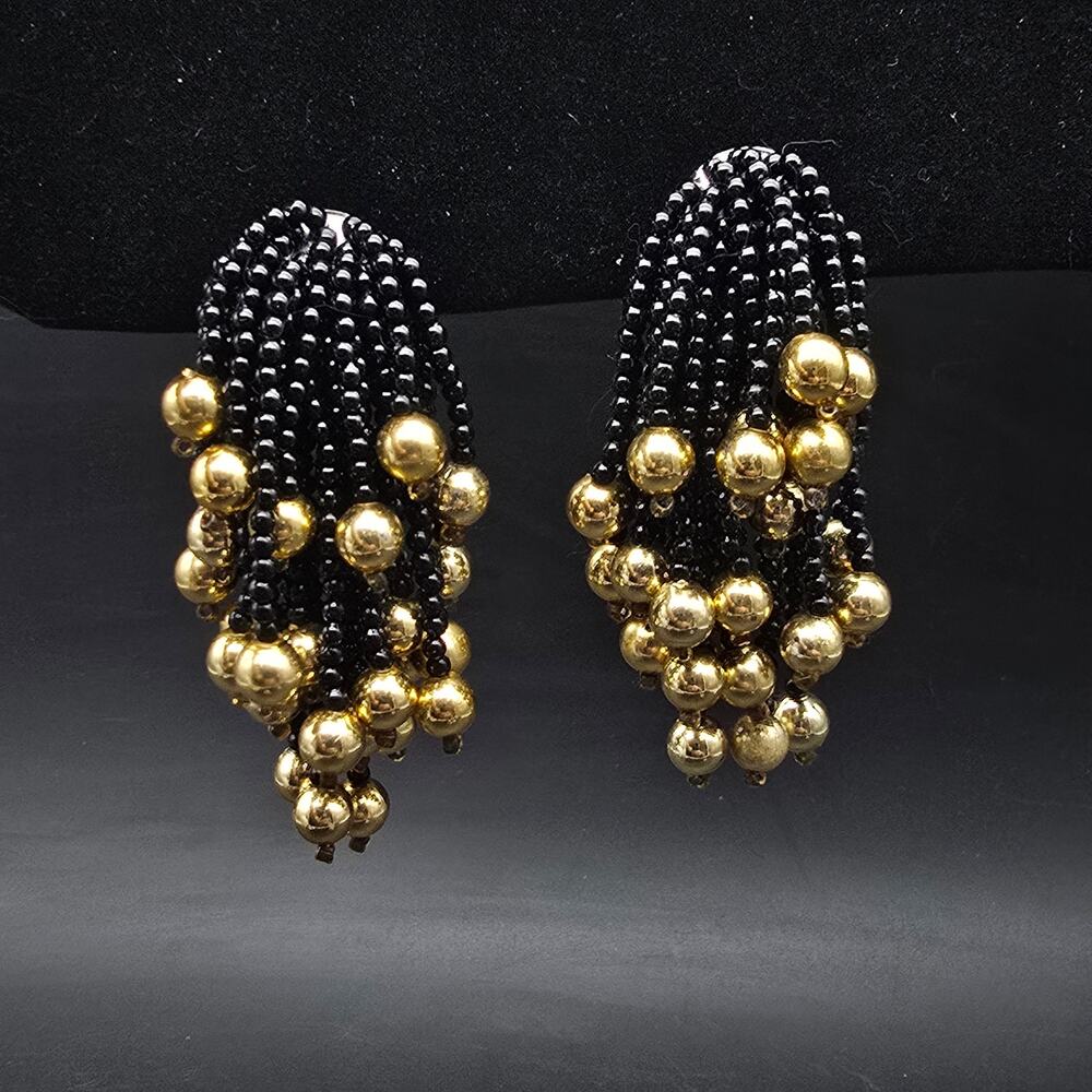 Black Seed Bead Water Fall Clip On Earrings Dangle Drop Cluster Gold Tone